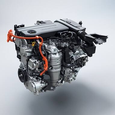 2027 Honda Civic Hatchback detail of the hybrid engine powertrain (Compact Hatchback).